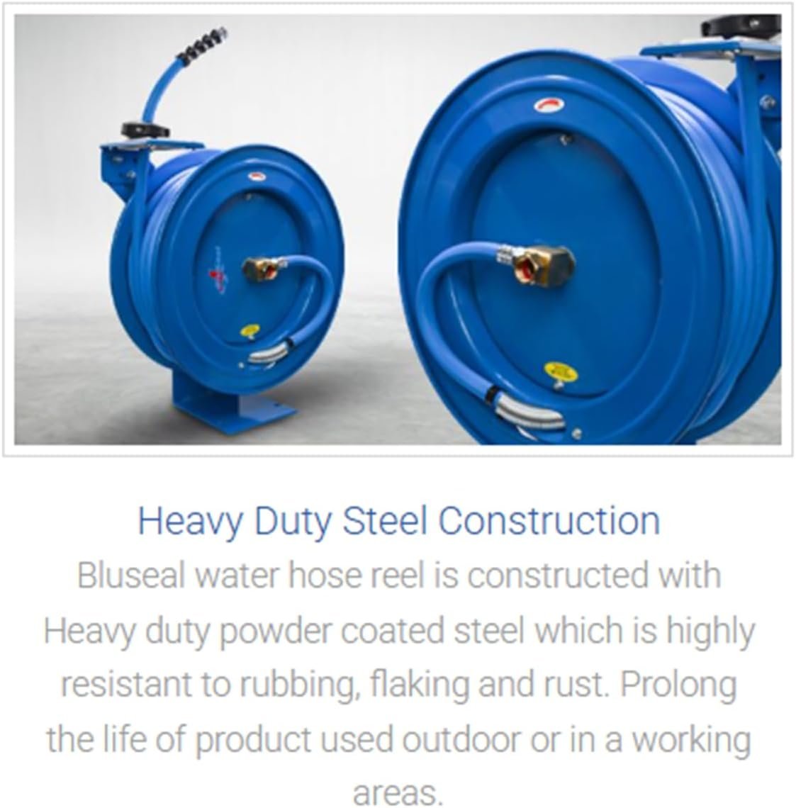 BLUSEAL BSWR5850 Retractable Hose Reel with 5/8" x 50' Hot Water Rubber Hose, 6' Lead-in, 500 PSI, Brass Fittings, Swivel Mount Hose Reel, 9 Pattern Spray Nozzle - Image 2