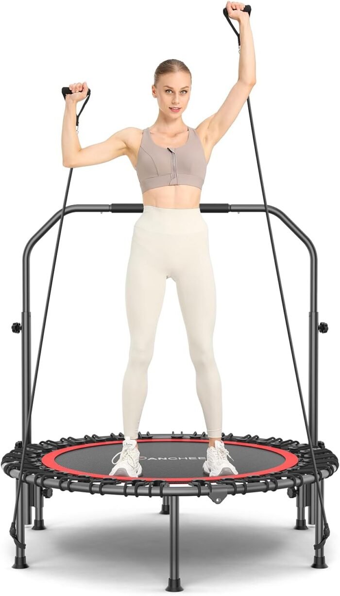 40"/48" Rebounder Trampoline for Adults Kids, ANCHEER Indoor Mini Exercise Trampoline with U Shape Adjustable Handlebar, High-Strength Bungee Cords, Stable & Sturdy Workout Equipment