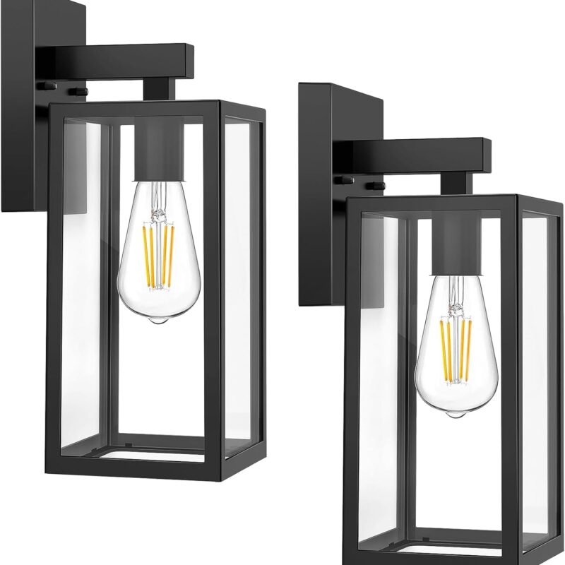 MAXvolador Outdoor Wall Sconce, Exterior Waterproof Wall Lantern Light Fixtures, Black Porch Lights with Toughened Glass Shade, Anti-Rust E26 Socket Front Door Wall Mount Lighting, 2 Pack