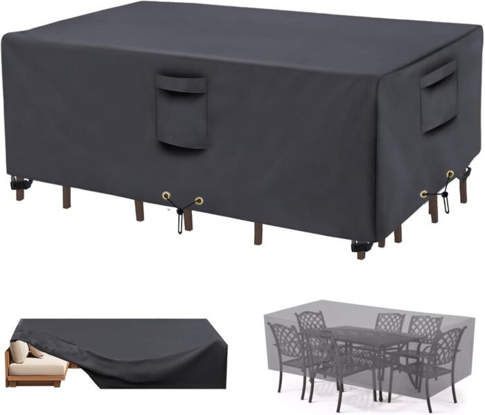 Patio Furniture Covers, Outdoor Rectangular Patio Chair Covers Waterproof Large, 600D Heavy Duty Table Cover, Outside Dining Table and Chairs Set Covers (Grey, 128 x 82 x 28in)
