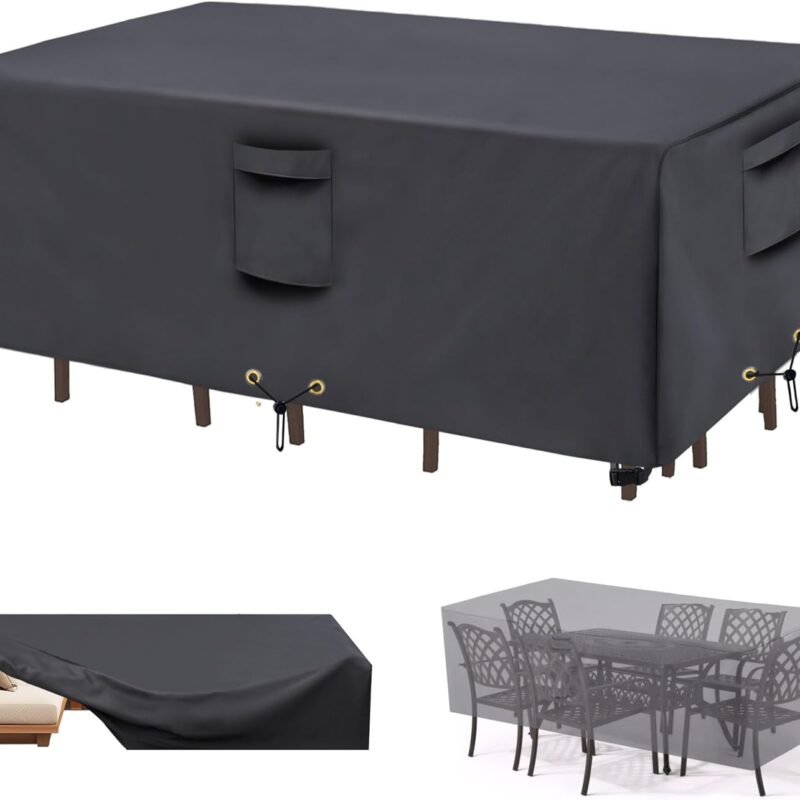 Patio Furniture Covers, Outdoor Rectangular Patio Chair Covers Waterproof Large, 600D Heavy Duty Table Cover, Outside Dining Table and Chairs Set Covers (Grey, 128 x 82 x 28in)