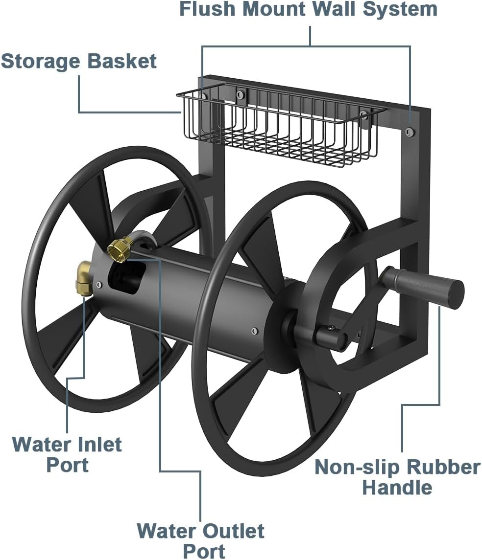 Outdoor Garden Hose Reel Wall Mount, Heavy-Duty Water Hose Holder Winder with 3.9 ft Leader Hose, Brass Fitting and Storage Basket for Yard, Holds 125 Feet of 5/8-Inch Hose, Black - Image 2