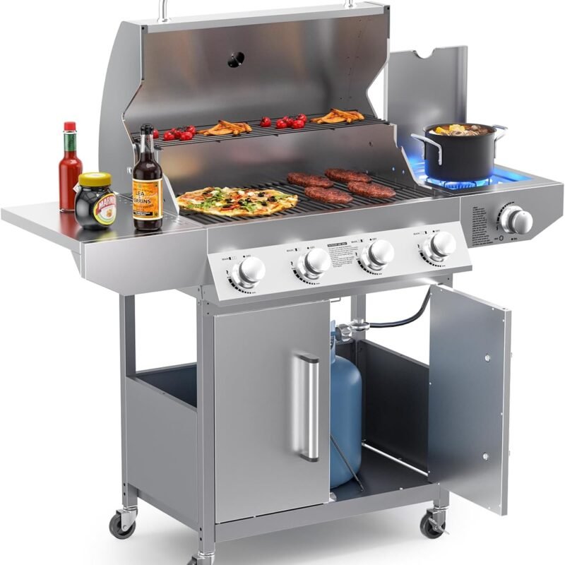 SKOK 4-Burner Propane Gas BBQ Grill with Side Burner & Porcelain-Enameled Cast Iron Grates,Stainless Steel Grill with 544 Sq. In. Grilling Area for Outdoor Cooking,58,000 BTU Output