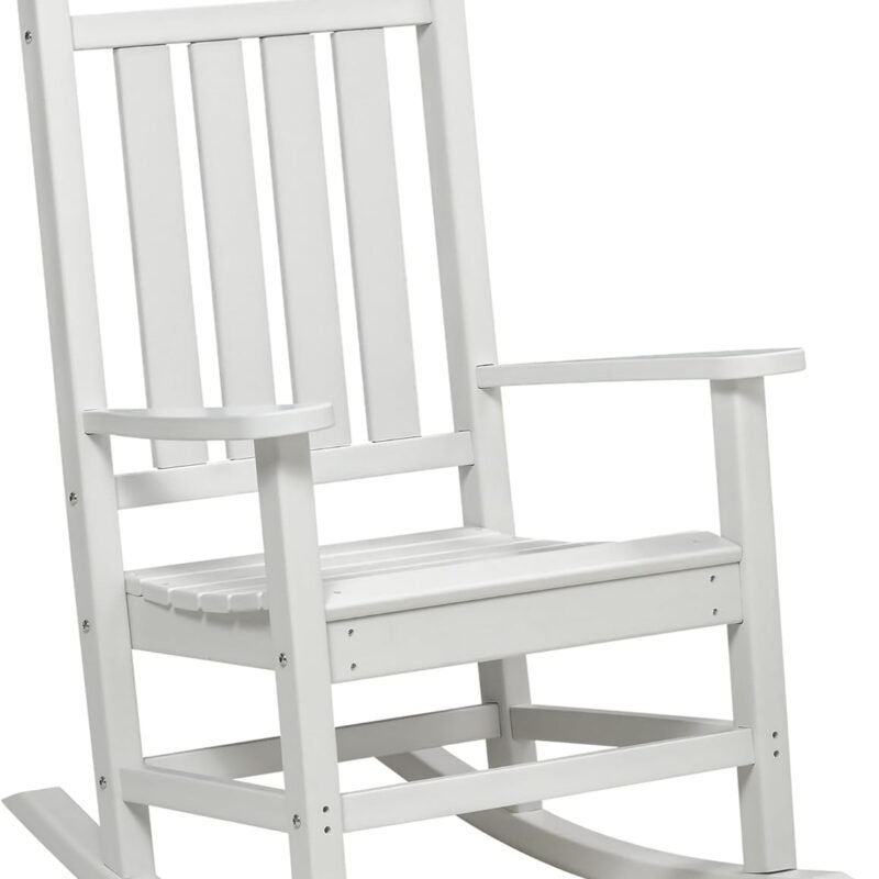 Outsunny Outdoor Rocking Chair, All Weather-Resistant HDPE Rocking Patio Chairs with Rustic High Back, Armrests, Oversized Seat and Slatted Backrest, 350lbs Weight Capacity, Light Gray