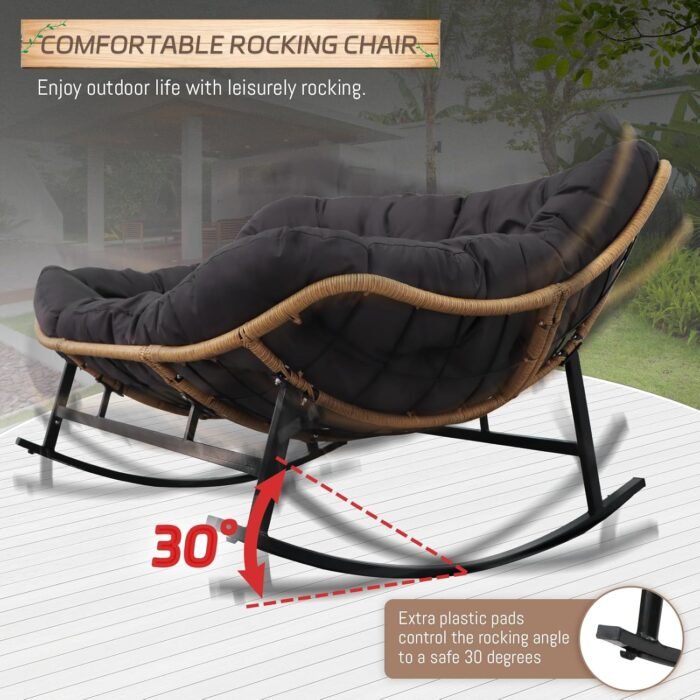 BULEXYARD Dark Grey Double Outdoor Rocking Papasan Chair, Oversized PE Wicker 2 Person Patio Rocking Egg Chair with Thick Cushion, Large Indoor Rocker Loveseat Chair - Image 5