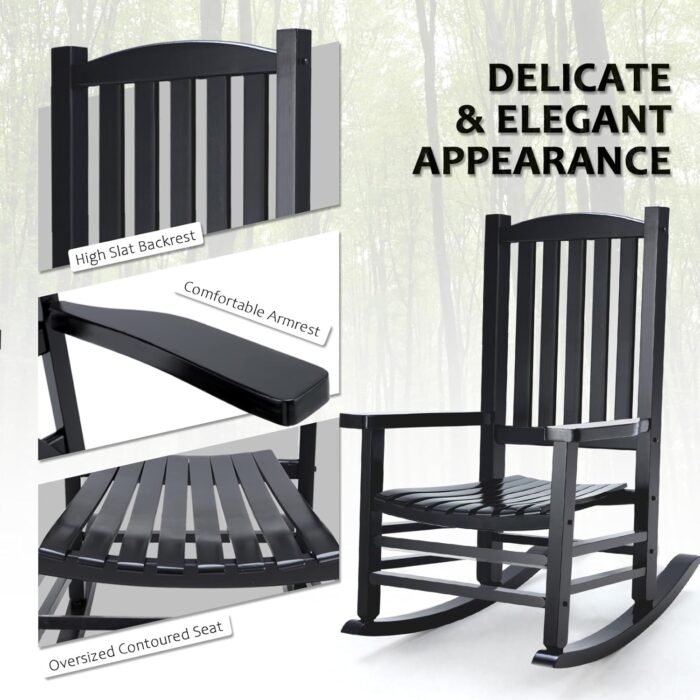 Wooden Rocking Chair Rocker Outdoor Oversized Porch Rocker Chair,Patio Wooden Rocker with High Back and Armrest,All Weather Rocker Slatted for Backyard,Garden,400 lbs Support,Black - Image 6