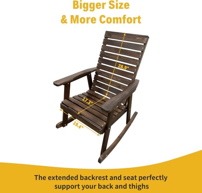 Wooden Rocking Chair with High Backrest and Contoured Seat, Solid Fir Wood, Heavy Duty 600 LBS, for Both Outdoor and Indoor, Backyard, Porch and Patio (Coffee) - Image 4