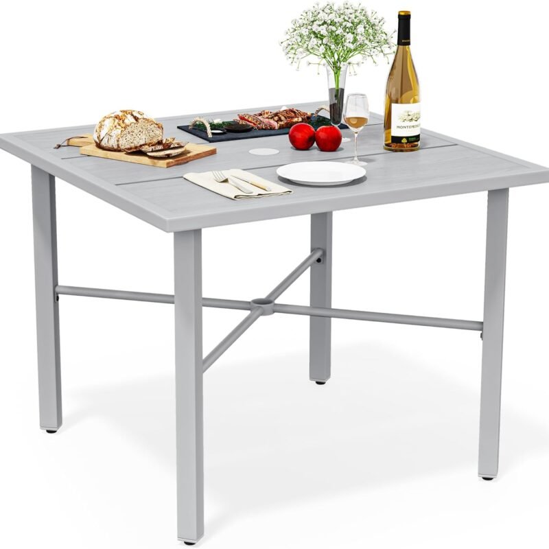 YITAHOME 35.4" Patio Table for 4-Person, Outdoor Patio Dining Table with 2" Umbrella Hole and Sturdy Iron Frame Perfect for Lawn Backyard Garden, Gray