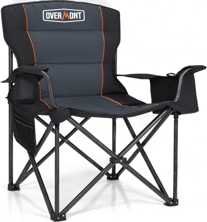 Overmont Oversized Folding Camping Chair - 450lbs Support with Padded Cushion Cooler Pockets - Heavy Duty Collapsible Chairs for Sports Garden Beach Fishing Black