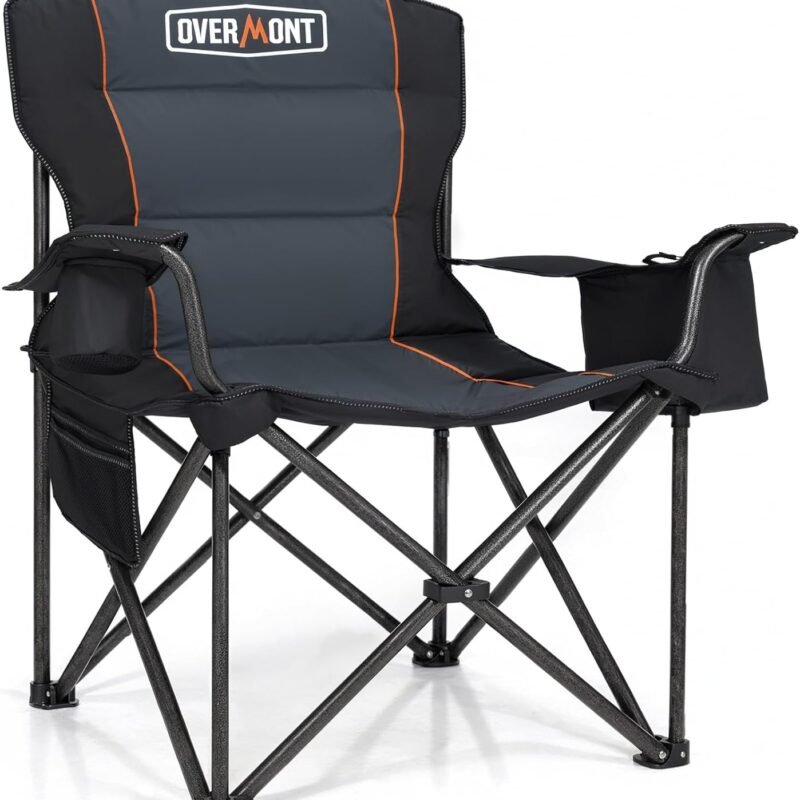 Overmont Oversized Folding Camping Chair - 450lbs Support with Padded Cushion Cooler Pockets - Heavy Duty Collapsible Chairs for Sports Garden Beach Fishing Black