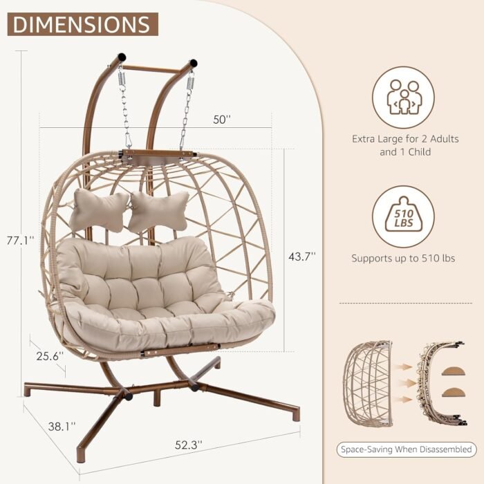 NICESOUL® Double Swing Egg Chair with Stand, Extra Large 2 Person Indoor Outdoor Wicker Patio Loveseat Basket Hanging Chair with Beige Cushions, 510 Lbs Capacity for Bedroom Balcony Oversized - Image 5