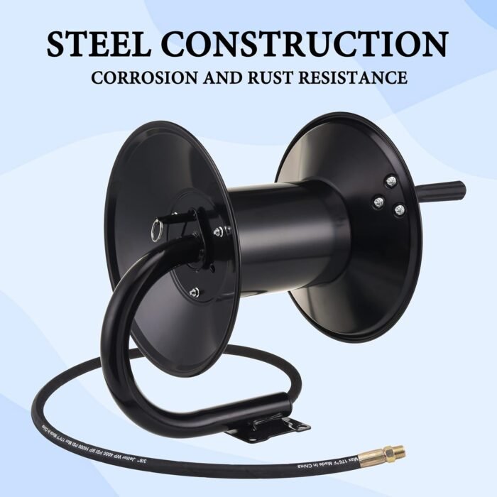 M MINGLE High Pressure Washer Hose Reel 150ft, Heavy Duty Steel Hose Reel, Manual Crank Power Washer Hose Reel with 3/8" Pressure Wash Whip Hose, Swivel Arm and Mounting Bracket, 4000 PSI - Image 8