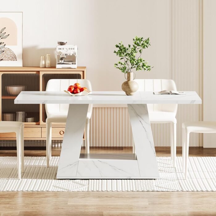 Tribesigns Dining Table for 4 to 6 People, 63" Rectangular Dining Room Table, Modern Wooden Faux Marble Dinner Table with Sturdy Base for Kitchen, Living Room - Image 8