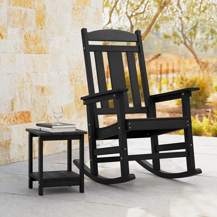 LUE BONA Outdoor Rocking Chairs Set of 2, Weather Resistant Poly Plastic Rocker, 350lb Heavy Duty, Oversized Porch Rocker for Adult, High Back Smooth for Outdoor & Indoor, Black - Image 6