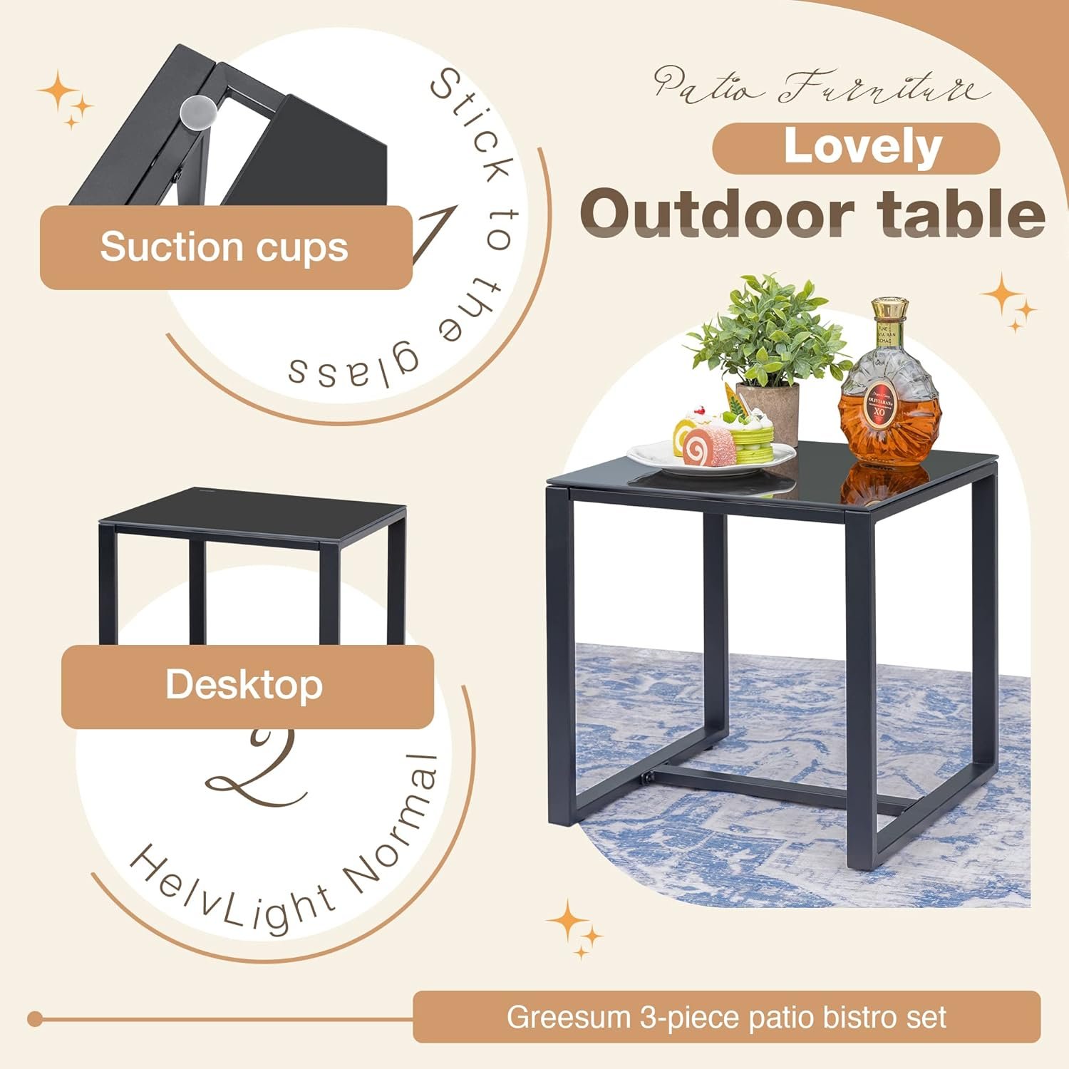 Greesum 3 Pieces Outdoor Furniture Set Patio Bistro Rocking Chairs and Glass Coffee Table, Black, Modern - Image 7