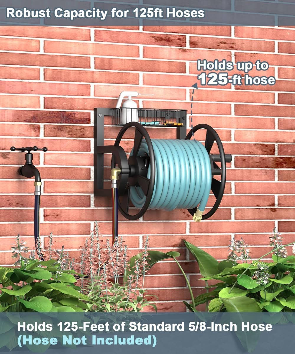 Outdoor Garden Hose Reel Wall Mount, Heavy-Duty Water Hose Holder Winder with 3.9 ft Leader Hose, Brass Fitting and Storage Basket for Yard, Holds 125 Feet of 5/8-Inch Hose, Black - Image 4
