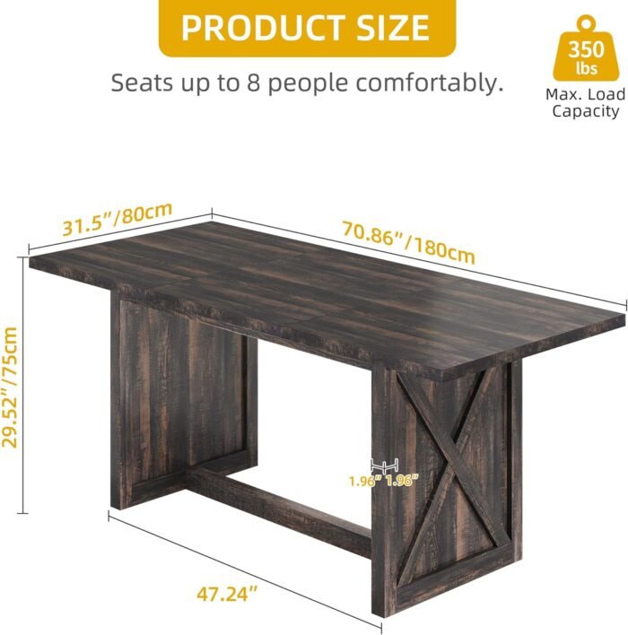 DWVO Farmhouse Large Dining Table for 6-8 People, 70.8 Inch Rectangular Wood Dining Table, Rustic Kitchen Dinner Table with X Solid Legs for Dining Room Oak Grey - Image 2