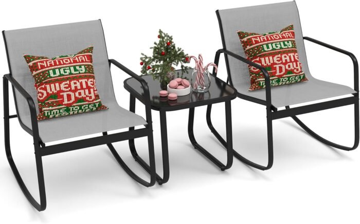 DWVO 3 Piece Patio Furniture Set Outdoor Textilene Bistro Set Modern Porch Furniture Patio Chairs Set of 2 with Coffee Table for Backyard, Lawn, Garden, Balcony, Poolside - Grey