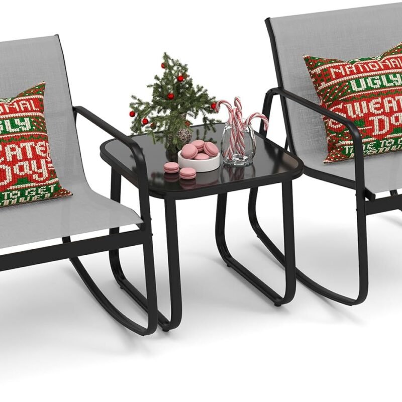 DWVO 3 Piece Patio Furniture Set Outdoor Textilene Bistro Set Modern Porch Furniture Patio Chairs Set of 2 with Coffee Table for Backyard, Lawn, Garden, Balcony, Poolside - Grey