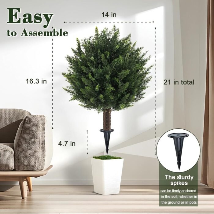 21" Artificial Cypress Topiary Outdoor Plants with Spike, 2 Pack Faux Cedar Bushes UV Resistant Fake Shrubs for Front Porch Décor - Image 2