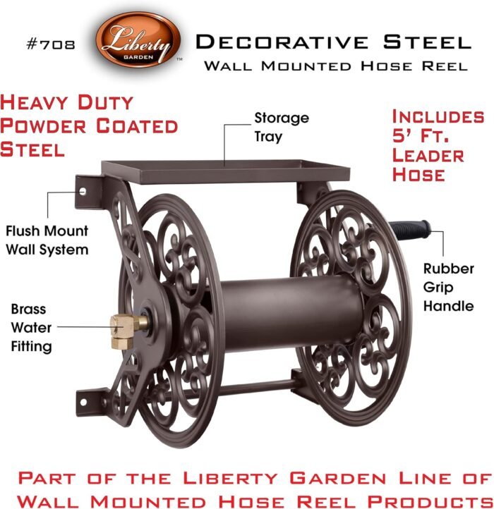 Liberty Garden 708 Steel Decorative Wall Mount Garden Hose Reel, Holds 125-Feet of 5/8-Inch Hose - Bronze - Image 2