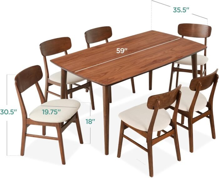 Best Choice Products 7-Piece Wooden Dining Set, Mid-Century Modern Table & Upholstered Chair Set w/ 6 Chairs, Rubberwood Legs - Walnut/Cream - Image 7