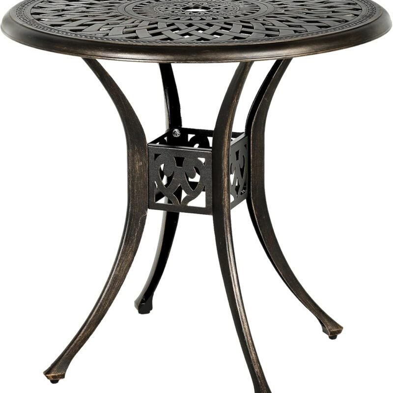 31in Round Cast Aluminum Patio Bistro Table, Outdoor Dining Table with 2" Umbrella Hole, Weather-Resistant Table for Porch, Backyard, Garden, Balcony, Bronze (31" Round Table)