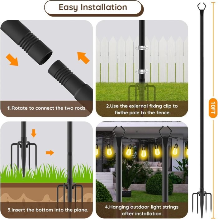 10Ft String Light Poles 4 Pack,Light Poles for Outside Lights,Outdoor with Fence Brackets Hanging Lights,Metal Stand Deck Patio Backyard - Image 7