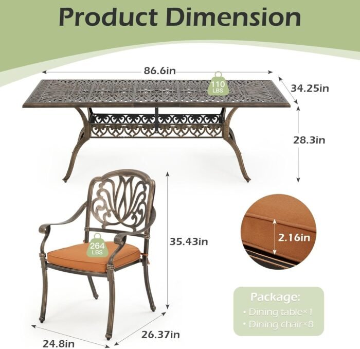 [Hi-End]All Aluminum Patio Furniture Set: 9-Piece Outdoor Dining Set with 8 Cushioned Dining Chairs,Metal Patio Furniture set,Rust-Free and Wind-Proof, 1 Rectangular Patio Table with Umbrella Hole - Image 2