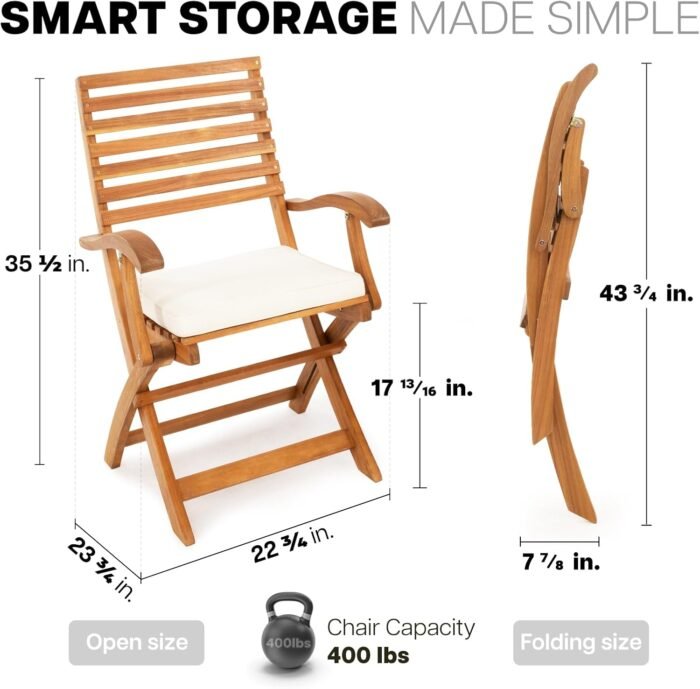 IDZO, Percy Chairs Heavy Duty 400lbs Capacity Set of 2 w/Cushion, FSC Acacia Outdoor Furniture, Teak Finish, Fully Assembled, Wood Folding_Beige - Image 4