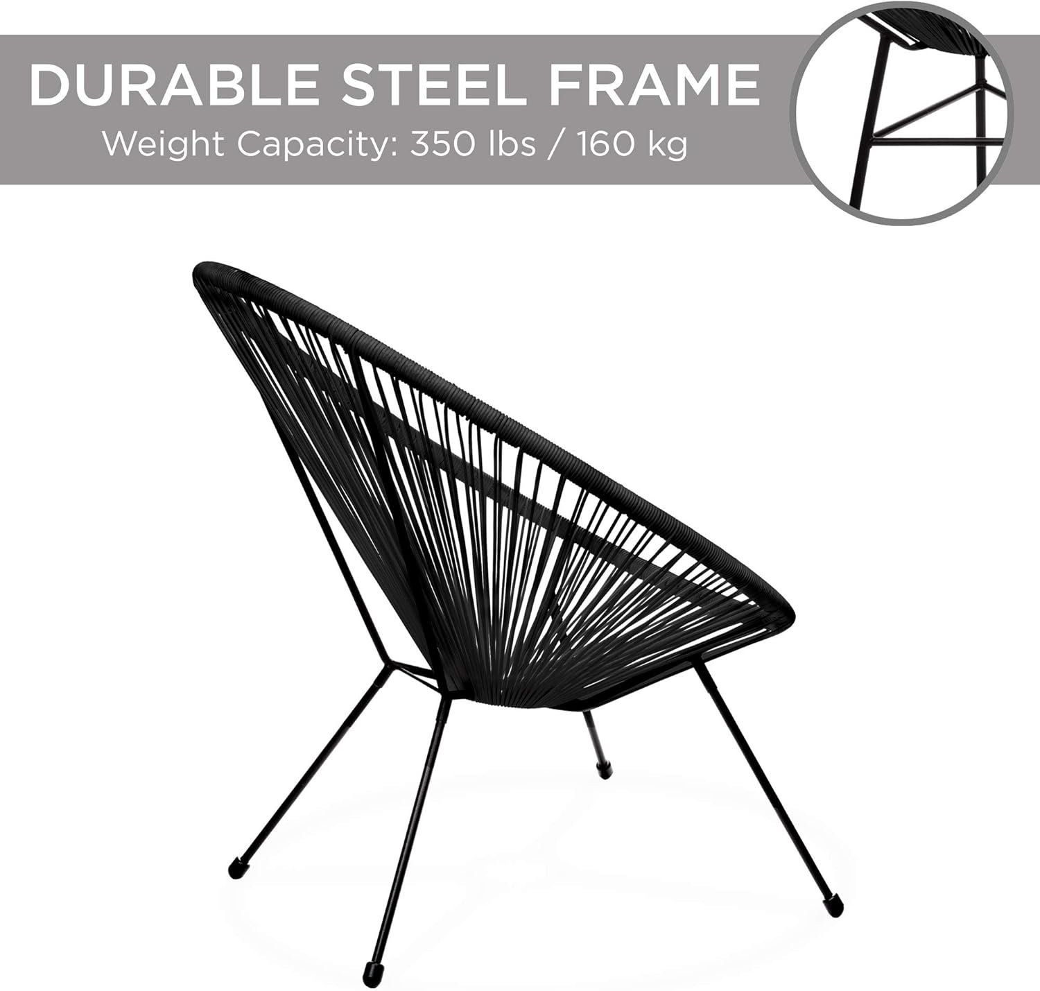 Best Choice Products 3-Piece Outdoor Acapulco All-Weather Patio Conversation Bistro Set w/Plastic Rope, Glass Top Table and 2 Chairs - Black - Image 6