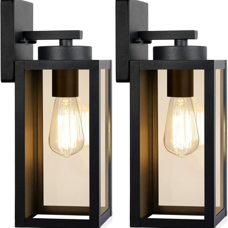 Outdoor Wall Light Fixtures, Exterior Waterproof Lanterns, Porch Sconces Wall Mounted Lighting with E26 Sockets & Glass Shades, Modern Matte Black Wall Lamps for Patio Front Door Entryway, 2-Pack