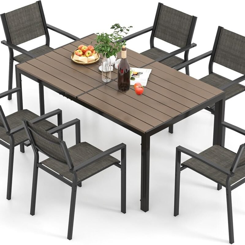 Tangkula 7 Piece Outdoor Dining Set, Patio Furniture Set w/ 6 Stackable Chairs & Large Rectangle Table, Dining Table Set for 6, Backyard, Porch, Garden, Poolside (Gray)
