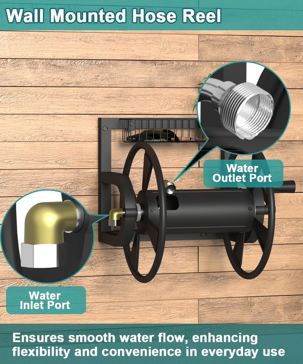 Garden Wall Mounted Hose Reel, Outdoor Heavy-Duty Water Hose Holder Winder, Holds 125 Feet of 5/8-Inch Hose, with 3.9 ft Leader Hose, Brass Fitting and Storage Basket for Yard, Black - Image 6
