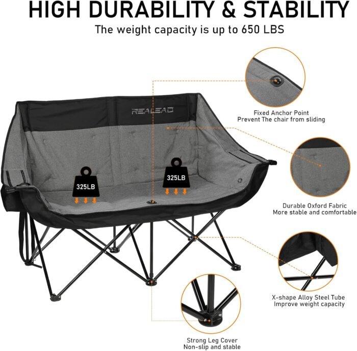 REALEAD Heated Double Camping Chair, 3 Heat Levels and 4 Heating Zones, Portable Heated Loveseat Chair for Outdoor Sports Support 650lbs, Heated Folding Chairs for Outside, Battery NOT Included - Image 6