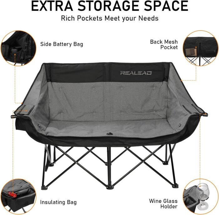 REALEAD Heated Double Camping Chair, 3 Heat Levels and 4 Heating Zones, Portable Heated Loveseat Chair for Outdoor Sports Support 650lbs, Heated Folding Chairs for Outside, Battery NOT Included - Image 5