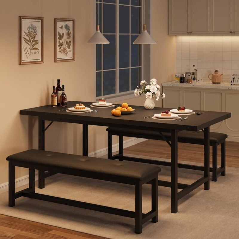 IDEALHOUSE Dining Table Set for 4-6, 63" Extendable Kitchen Table with 2 Upholstered Bench Set for 6, Metal Frame Rectangle Small Kitchen Table Set for 4 for Apartment, Space Save, Retro Black
