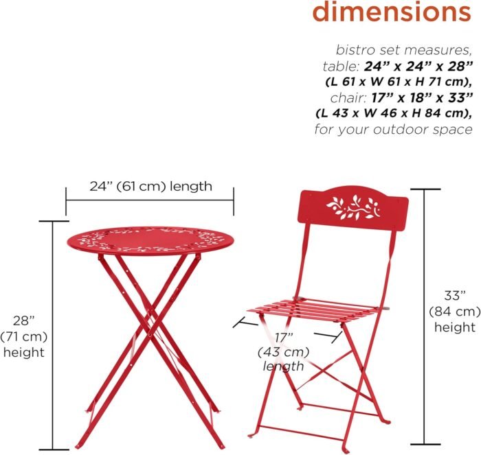 Alpine Corporation Indoor/Outdoor 3-Piece Bistro Set Folding Table and Chairs Patio Seating, Red - Image 2