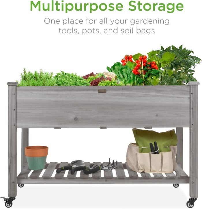 Best Choice Products Raised Garden Bed 48x24x32-inch Mobile Elevated Wood Planter w/Lockable Wheels, Storage Shelf, Protective Liner - Gray - Image 3