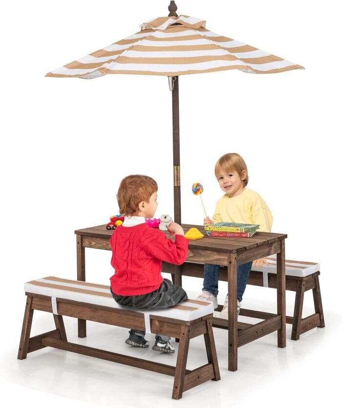 HONEY JOY Kids Picnic Table, Outdoor Wooden Table & Bench Set w/Removable Cushions and Umbrella, Stripe Fabric, Children Backyard Furniture for Patio Garden, Gift for Toddler Boys Girls Age 3+(Coffee) - Image 9