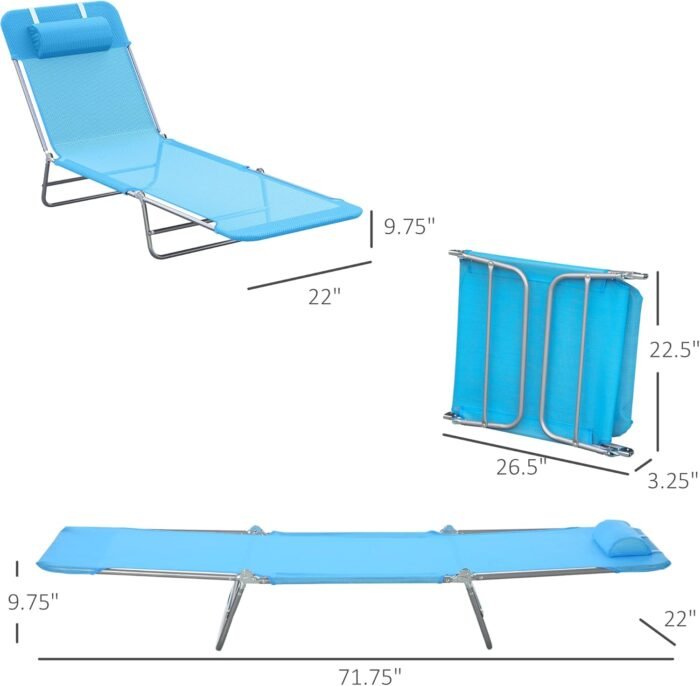 Outsunny Folding Chaise Lounge Pool Chairs, Outdoor Sun Tanning Chairs with Pillow, Reclining Back, Steel Frame & Breathable Mesh for Beach, Yard, Patio, Blue - Image 3