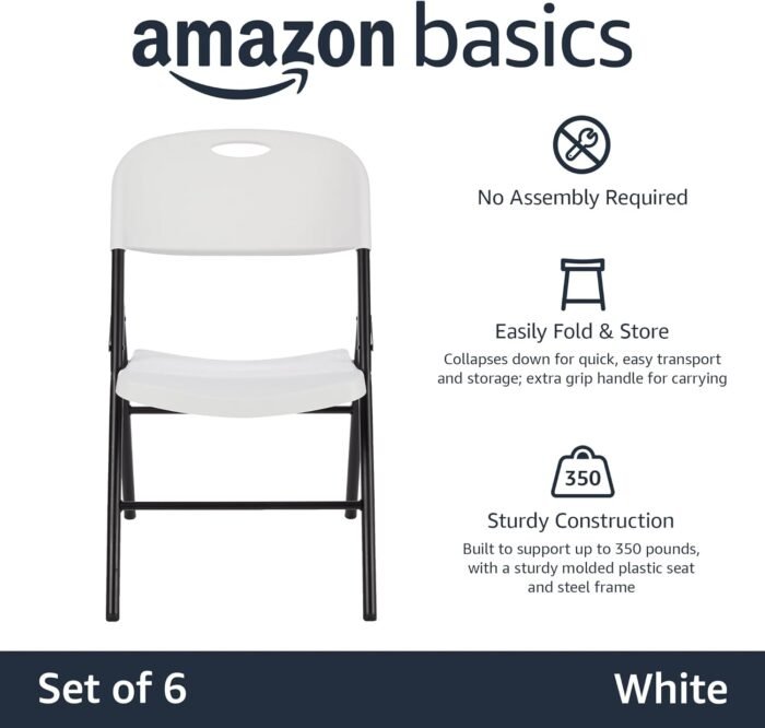 Amazon Basics Folding Plastic Chair with 350-Pound Capacity - 6-Pack, White - Image 4