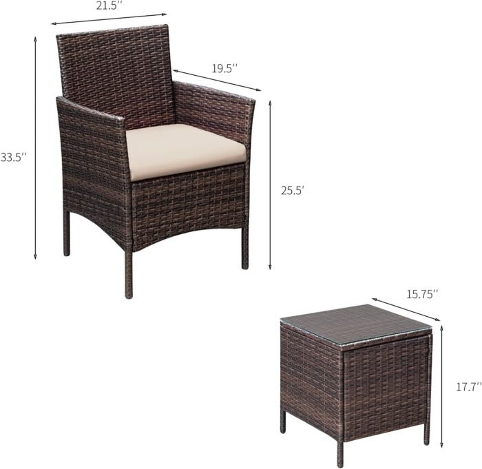 Greesum 3 Pieces Patio Furniture Sets Outdoor PE Rattan Wicker Chairs with Soft Cushion and Glass Coffee Table for Garden Backyard Porch Poolside, Brown and Beige - Image 7