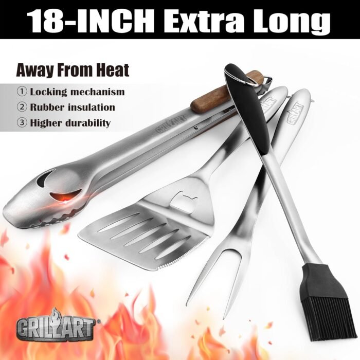 GRILLART BBQ Tools Grill Tools Set -18Inch Grilling Tools BBQ Set - Grill Accessories w/BBQ Tongs, Spatula, Fork, Brush- Stainless Grill Kit Grilling Set - Gift Ideas BBQ Accessories Gifts for Men Dad - Image 2