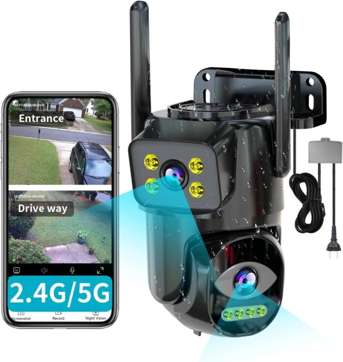 Dual Lens WiFi Security Camera Outdoor, 2.4G/5G PTZ Outdoor Camera Auto Tracking,HOM Security Surveillance System Camera,WiFi,Night Vision,7/24 Recording