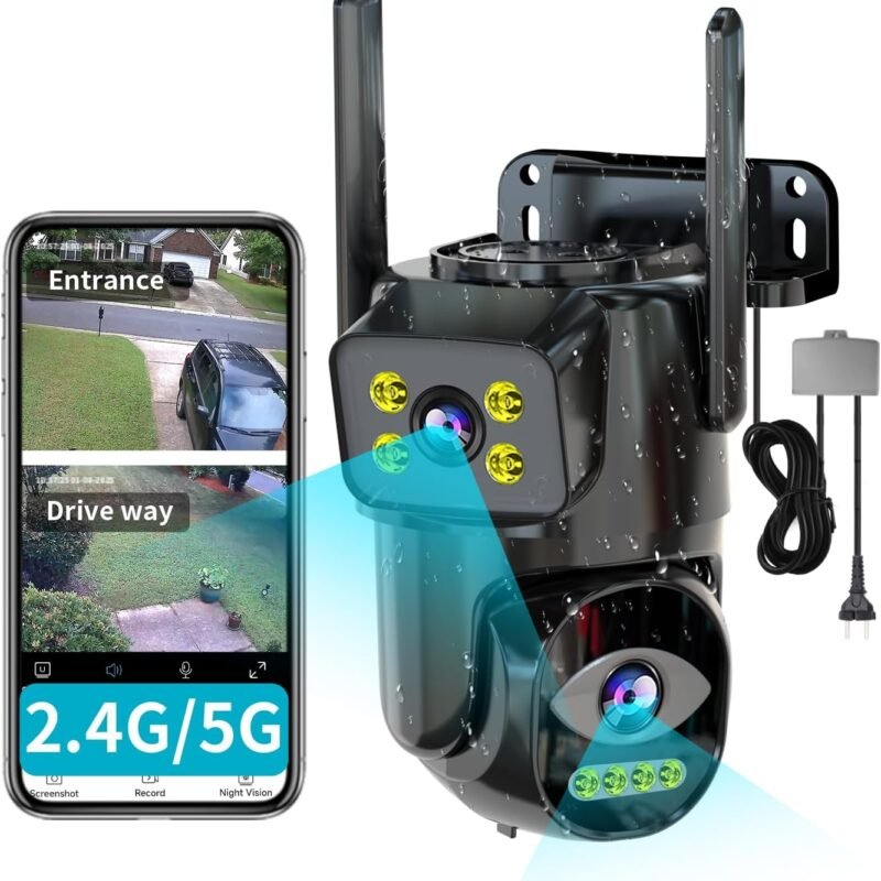 Dual Lens WiFi Security Camera Outdoor, 2.4G/5G PTZ Outdoor Camera Auto Tracking,HOM Security Surveillance System Camera,WiFi,Night Vision,7/24 Recording
