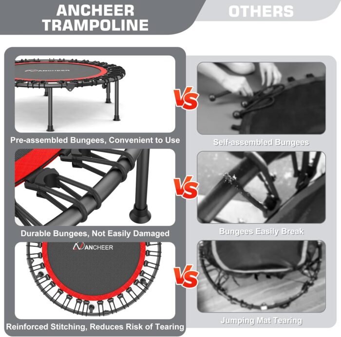 40"/48" Rebounder Trampoline for Adults Kids, ANCHEER Indoor Mini Exercise Trampoline with U Shape Adjustable Handlebar, High-Strength Bungee Cords, Stable & Sturdy Workout Equipment - Image 7