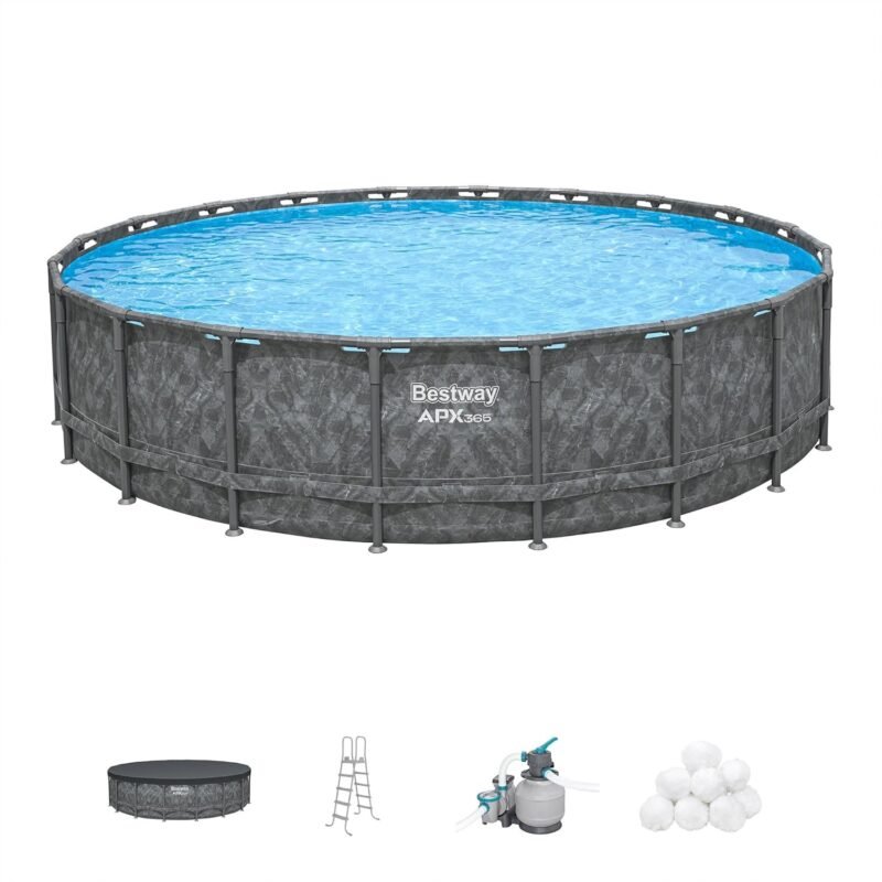Bestway APX 365 22' x 52" Round Above Ground Swimming Pool Outdoor Backyard Framed Pool Set with Sand Filter Pump, Ladder, and Cover, Dark Marble