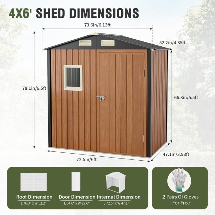 Outdoor Storage Shed 6x4 Ft, Lockable Metal Garden Shed with Window, Tool Shed Tiny House Vertical Outside Storage Building for Backyard, Lawn, Patio, Bike - Image 4