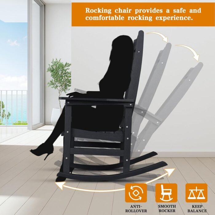 All-Weather Outdoor Rocking Chair, Oversized Porch Rocker Chair with 400 lbs Weight Capacity, High Back and Armrest, for Outdoor and Indoor, Garden, Backyard, Fire Pit, Lawn, Black - Image 4